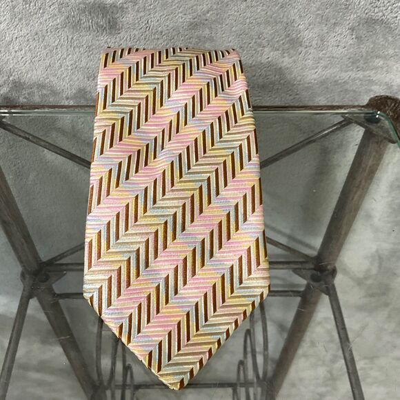 JOHN W Nordstrom Silk Repp Tie Necktie MADE IN ITALY PINK BROWN STRIPES - Picture 1 of 9